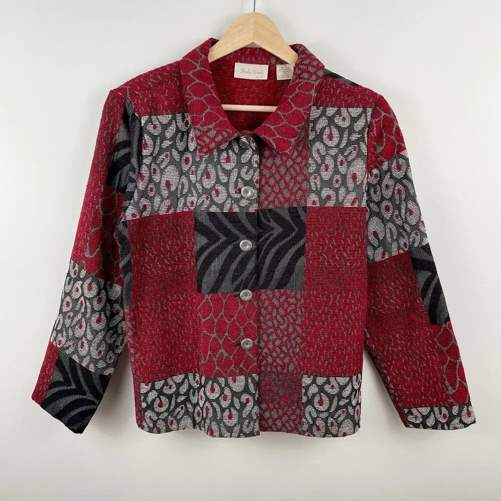Vintage 90s Patchwork Tapestry Shacket Red Black Abstract Retro - Size MP